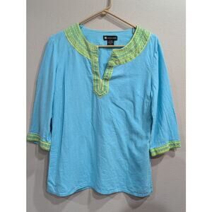 Women's blue linen blend tunic top with chartreuse ribbon detail size L